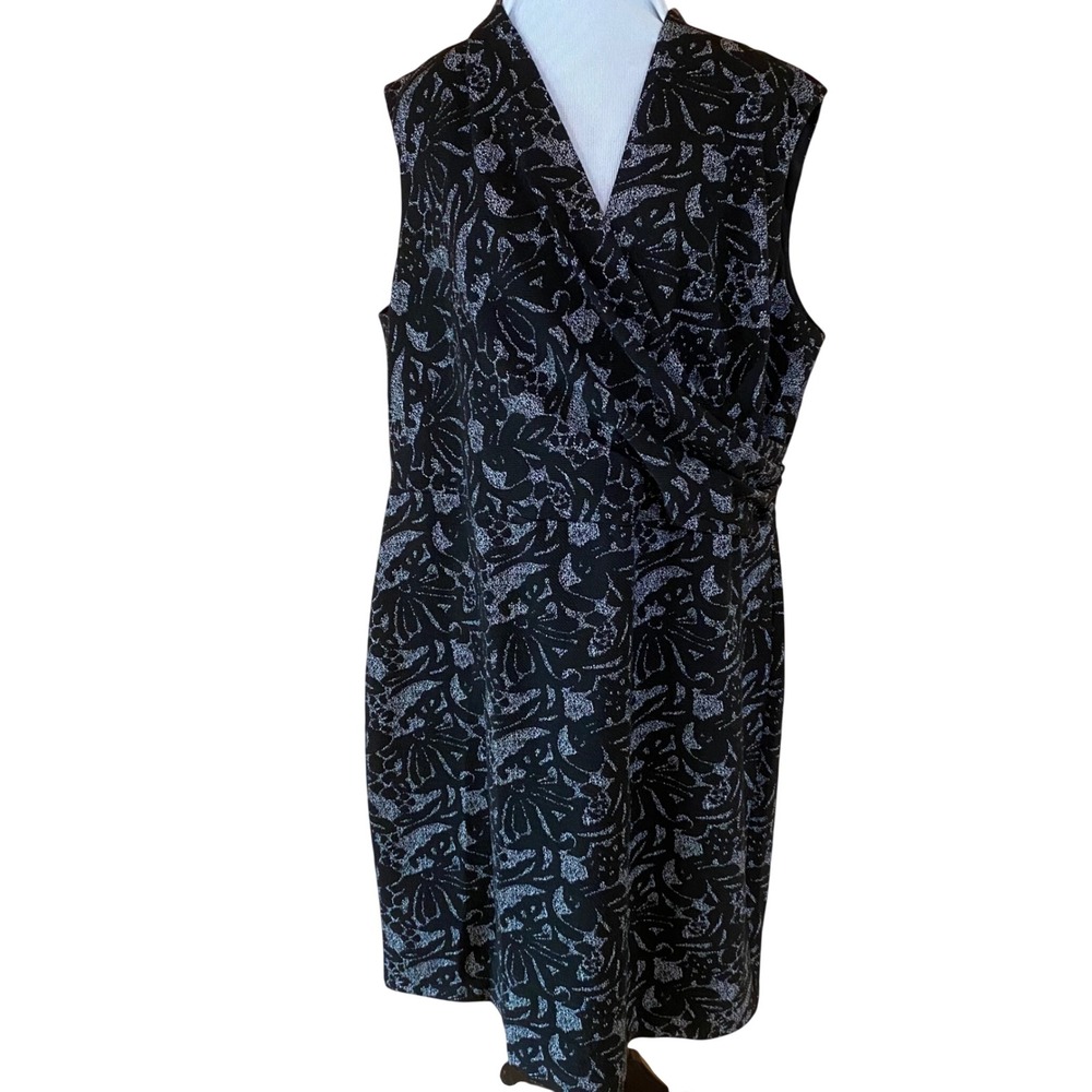 Maggy London Black Silver Metallic Abstract Floral Faux Wrap Dress 18W NEW